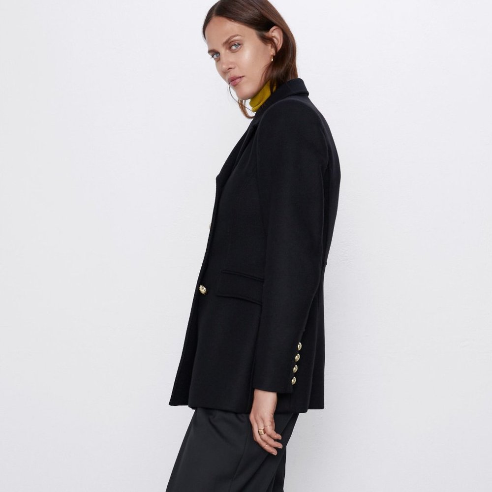 ZARA MANTECO WOOL BLACK AND GOLD BUTTON SHORT PEACOAT - Picture 7 of 11